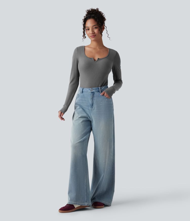 Push-Up Molded Cups Notched Long Sleeve Casual Warming Top A/B Cup