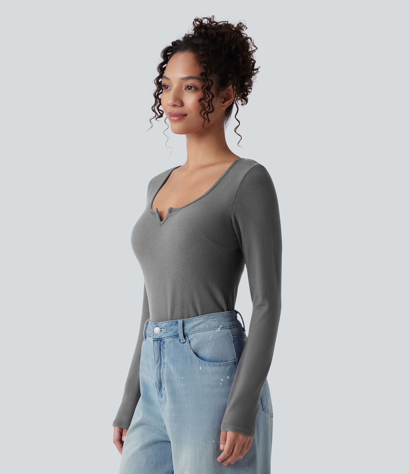 Push-Up Molded Cups Notched Long Sleeve Casual Warming Top A/B Cup