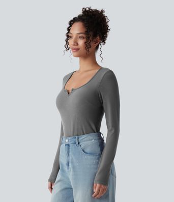 Push-Up Molded Cups Notched Long Sleeve Casual Warming Top A/B Cup