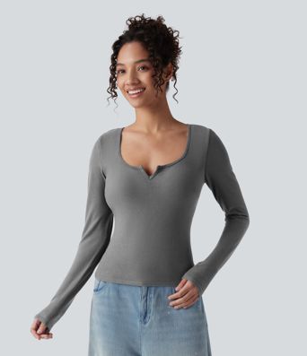 Push-Up Molded Cups Notched Long Sleeve Casual Warming Top A/B Cup