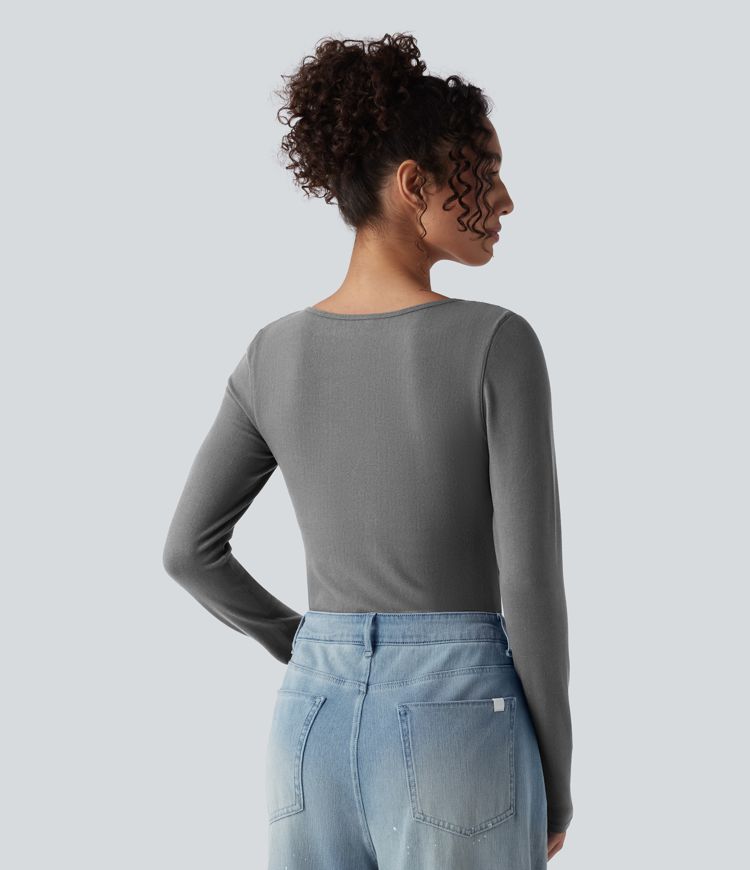 Push-Up Molded Cups Notched Long Sleeve Casual Warming Top A/B Cup