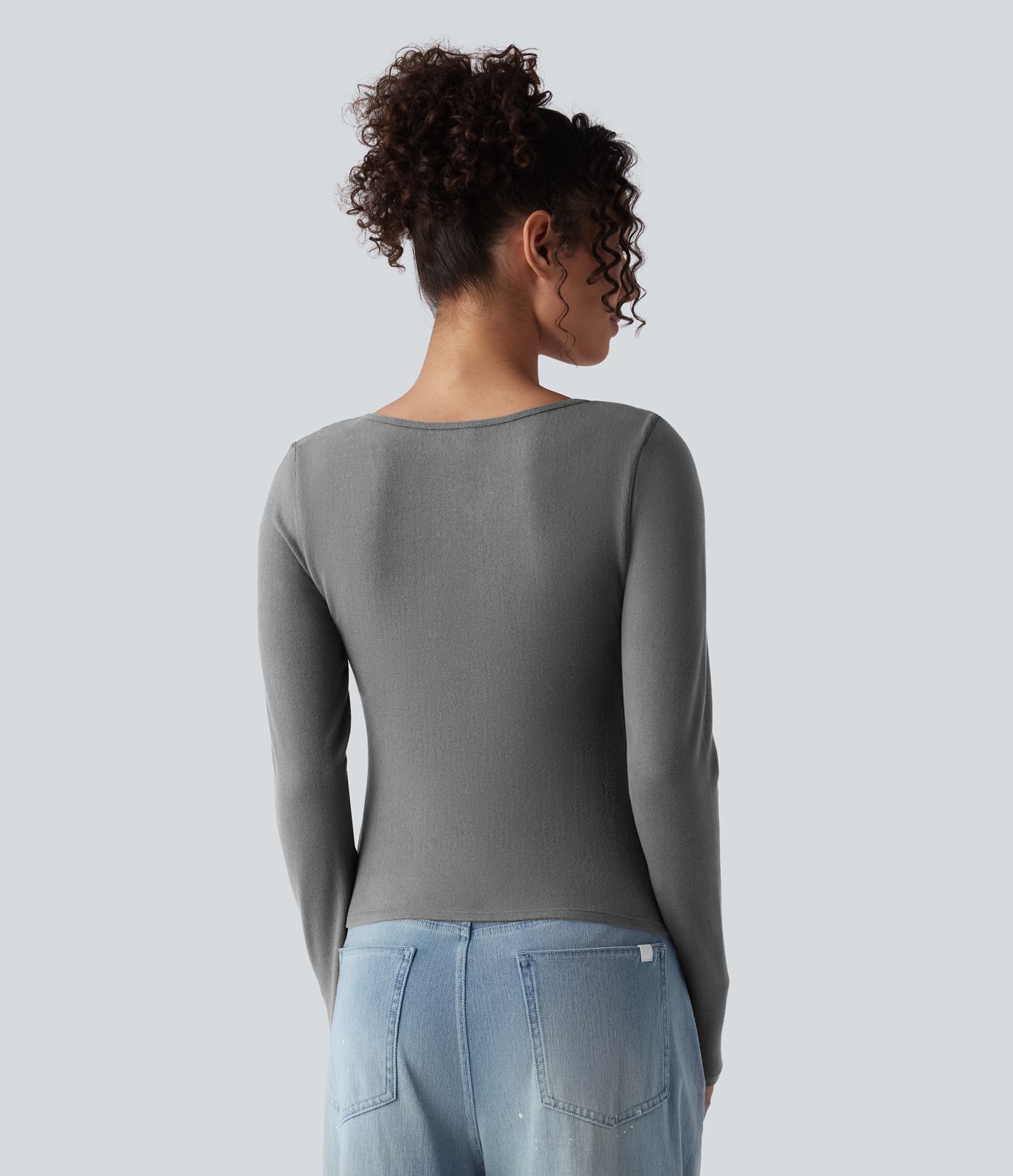 Push-Up Molded Cups Notched Long Sleeve Casual Warming Top A/B Cup