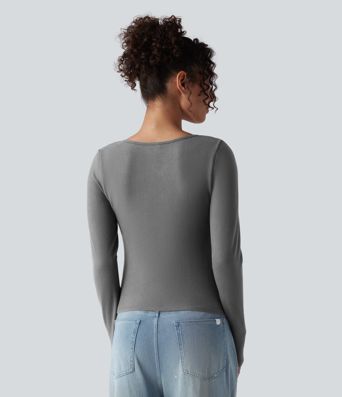 Push-Up Molded Cups Notched Long Sleeve Casual Warming Top A/B Cup