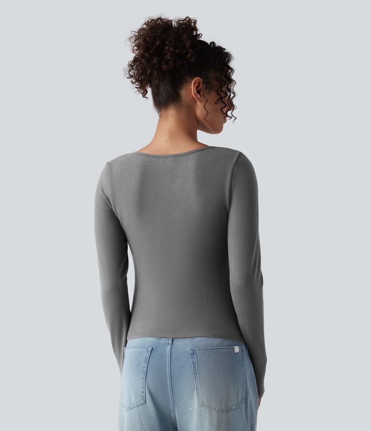 Push-Up Molded Cups Notched Long Sleeve Casual Warming Top A/B Cup