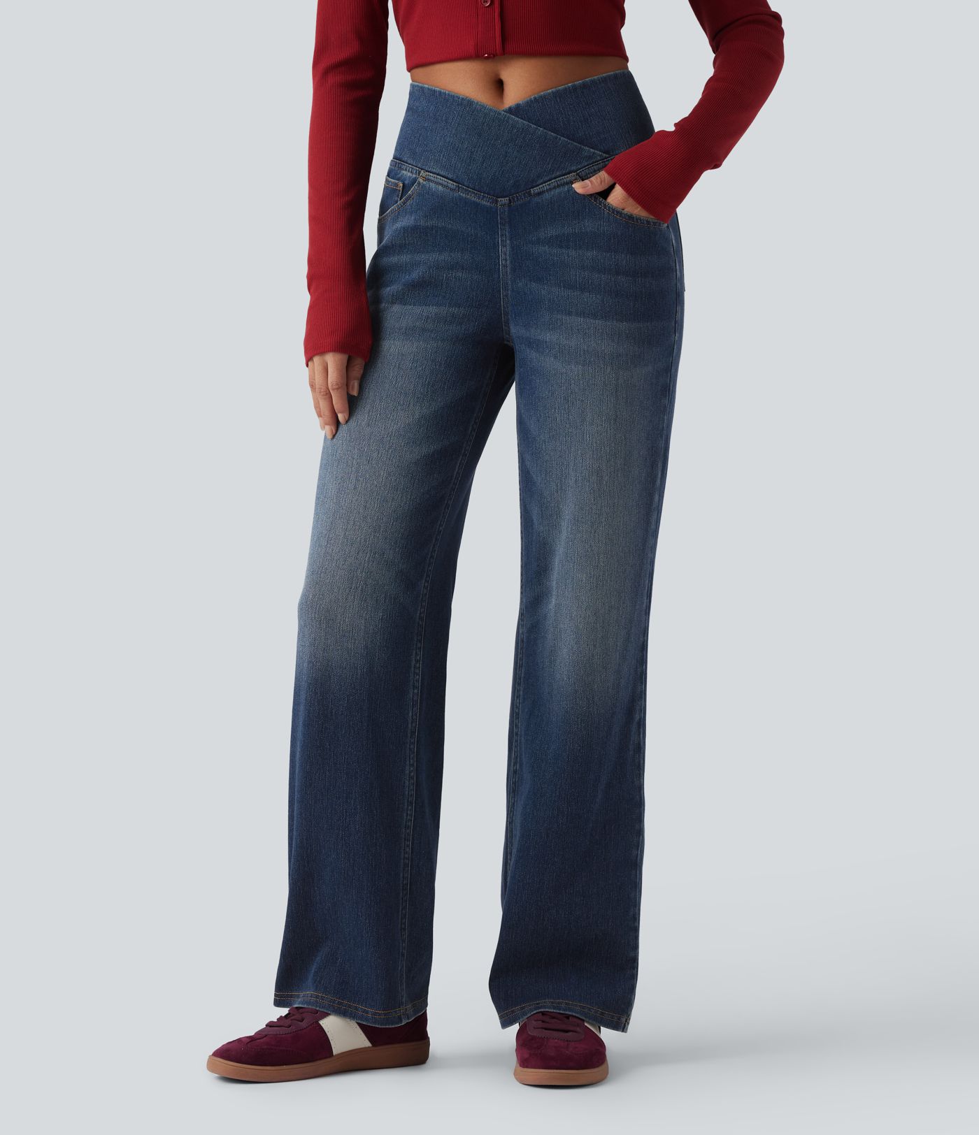 Halara Flex™ Crossover High Waisted Tummy Control Casual Straight Leg Jeans with Pockets