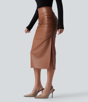 High Waisted Tummy Control Ruched Curved Hem 2-in-1 Fleece PU Midi Casual Skirt