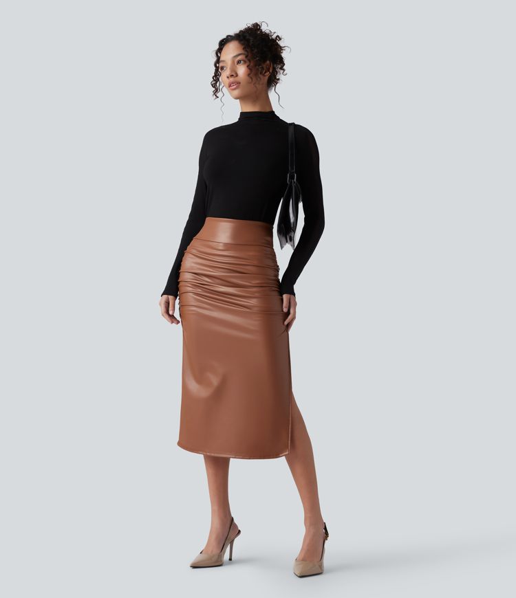 High Waisted Tummy Control Ruched Curved Hem 2-in-1 Fleece PU Midi Casual Skirt