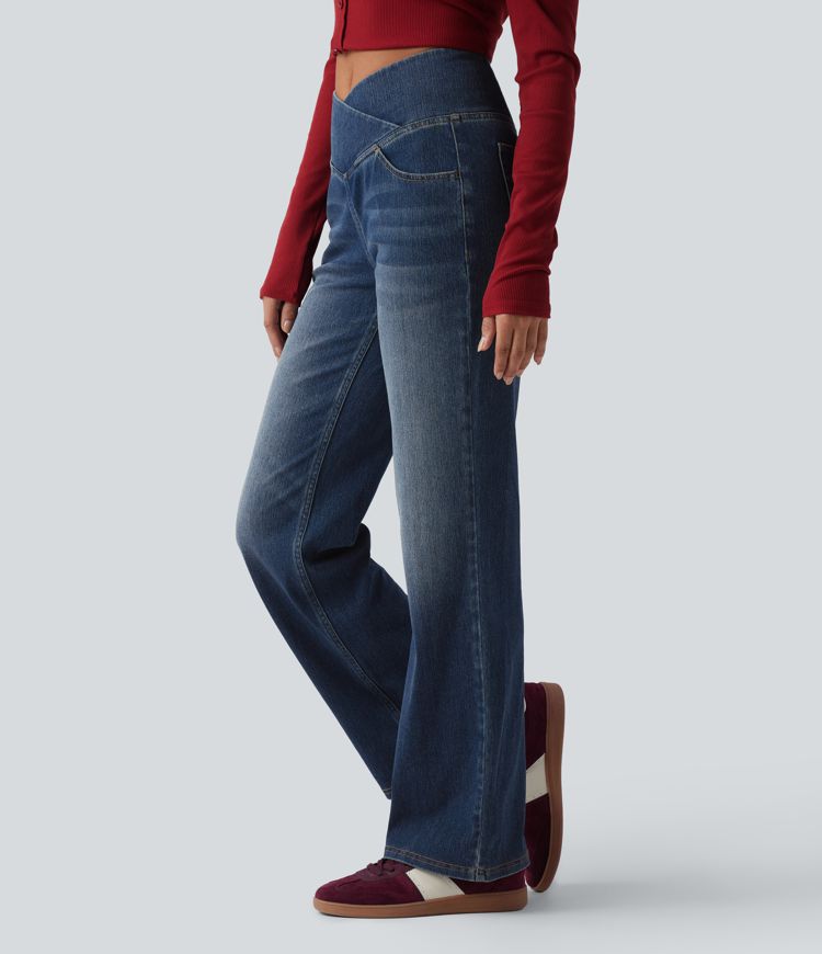 Halara Flex™ Crossover High Waisted Tummy Control Casual Straight Leg Jeans with Pockets