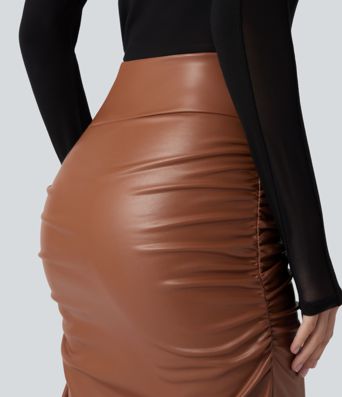 High Waisted Tummy Control Ruched Curved Hem 2-in-1 Fleece PU Midi Casual Skirt