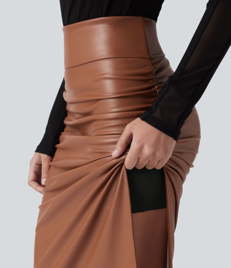 High Waisted Tummy Control Ruched Curved Hem 2-in-1 Fleece PU Midi Casual Skirt