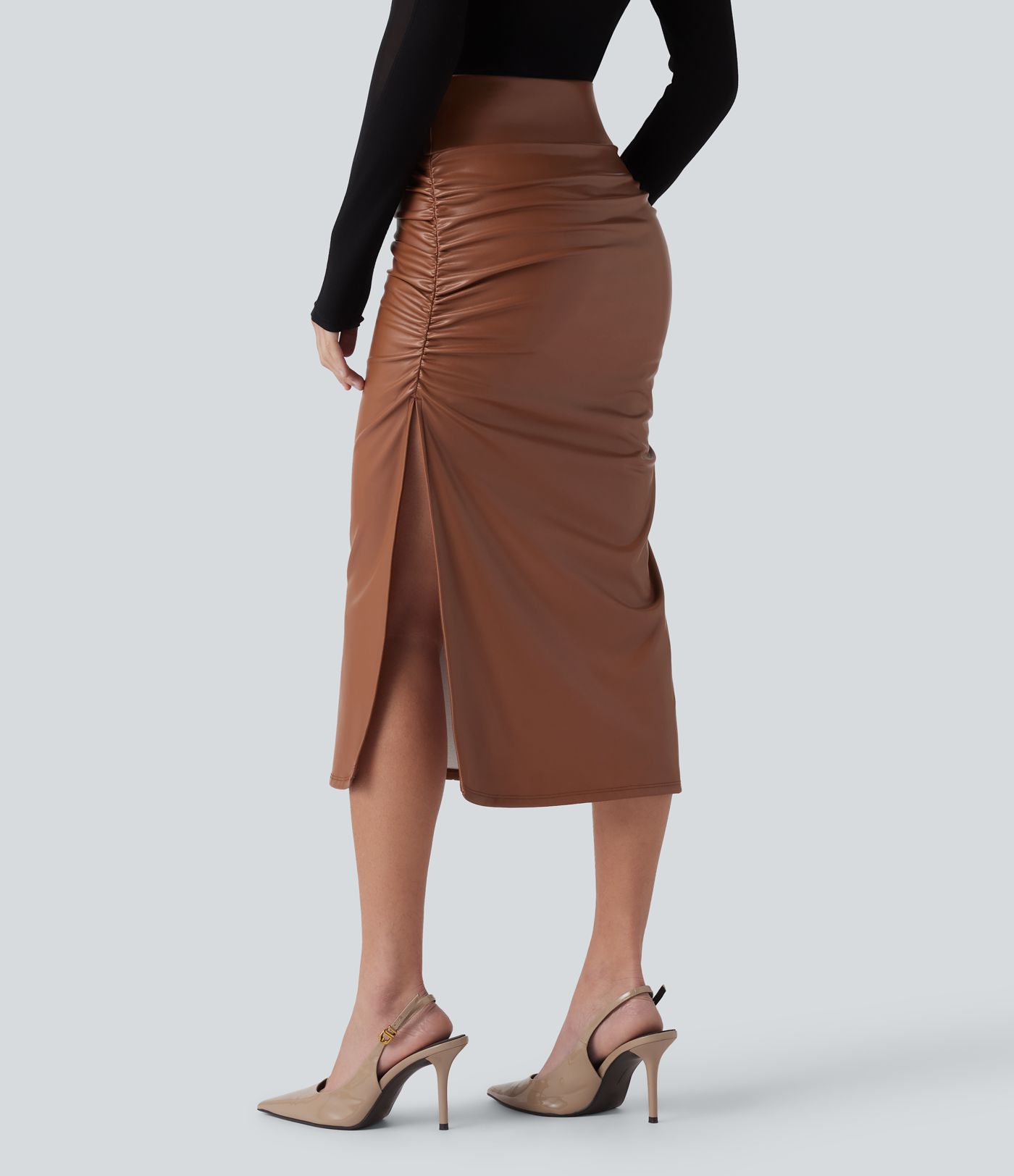 High Waisted Tummy Control Ruched Curved Hem 2-in-1 Fleece PU Midi Casual Skirt