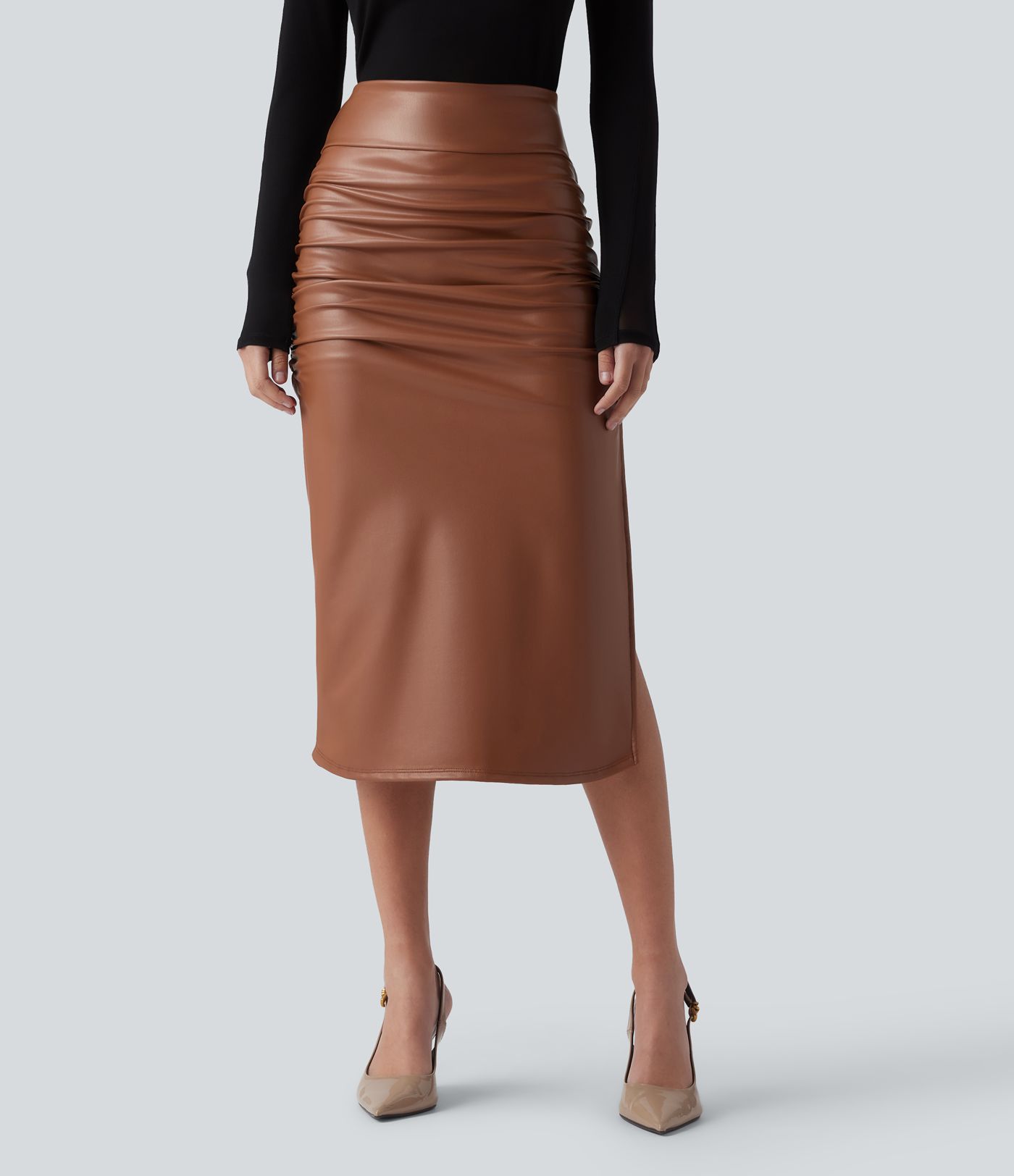 High Waisted Tummy Control Ruched Curved Hem 2-in-1 Fleece PU Midi Casual Skirt