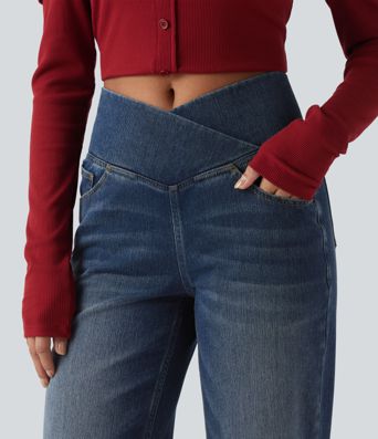 Halara Flex™ Crossover High Waisted Tummy Control Casual Straight Leg Jeans with Pockets