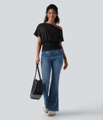 One Shoulder Short Sleeve Ruched Casual Top
