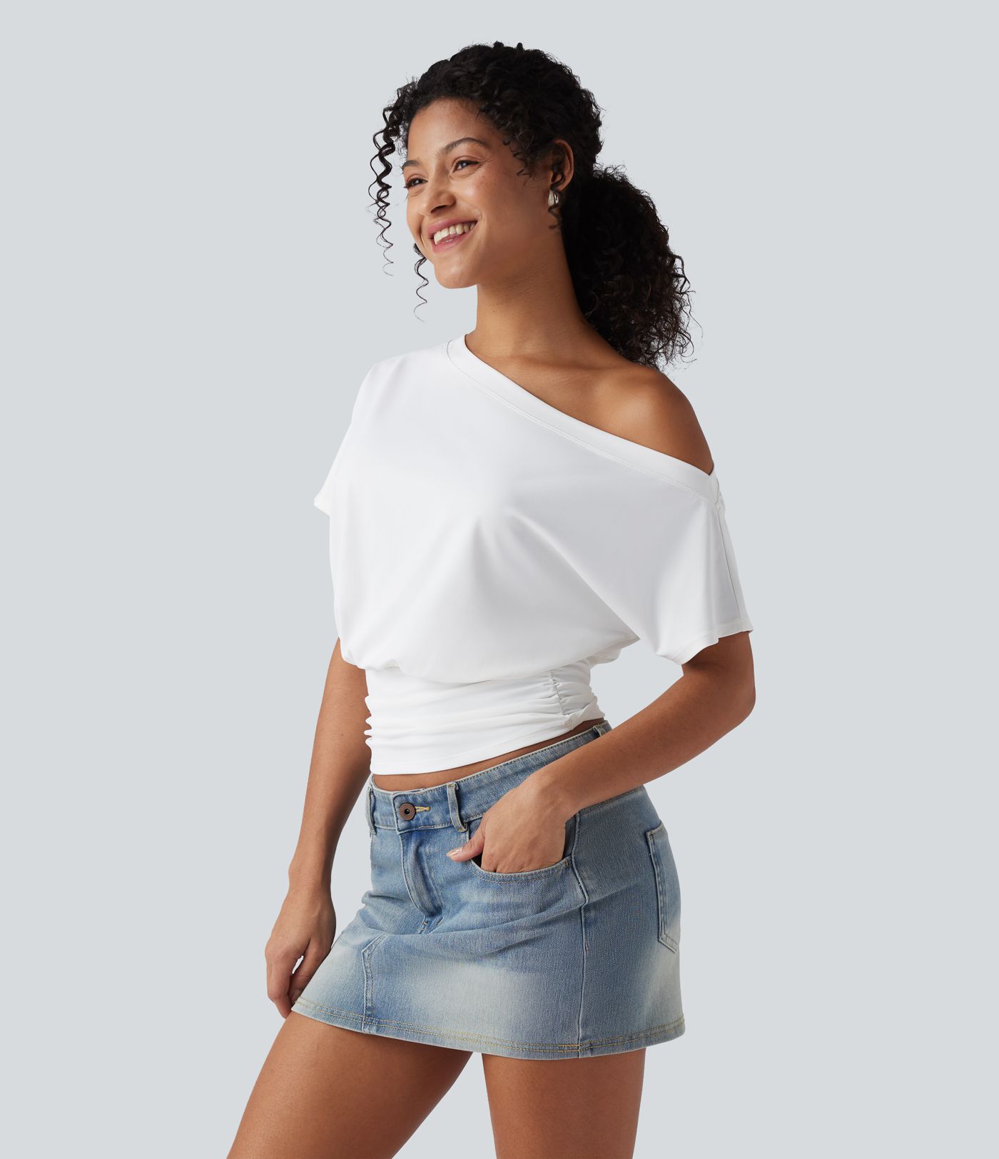 One Shoulder Short Sleeve Ruched Casual Top