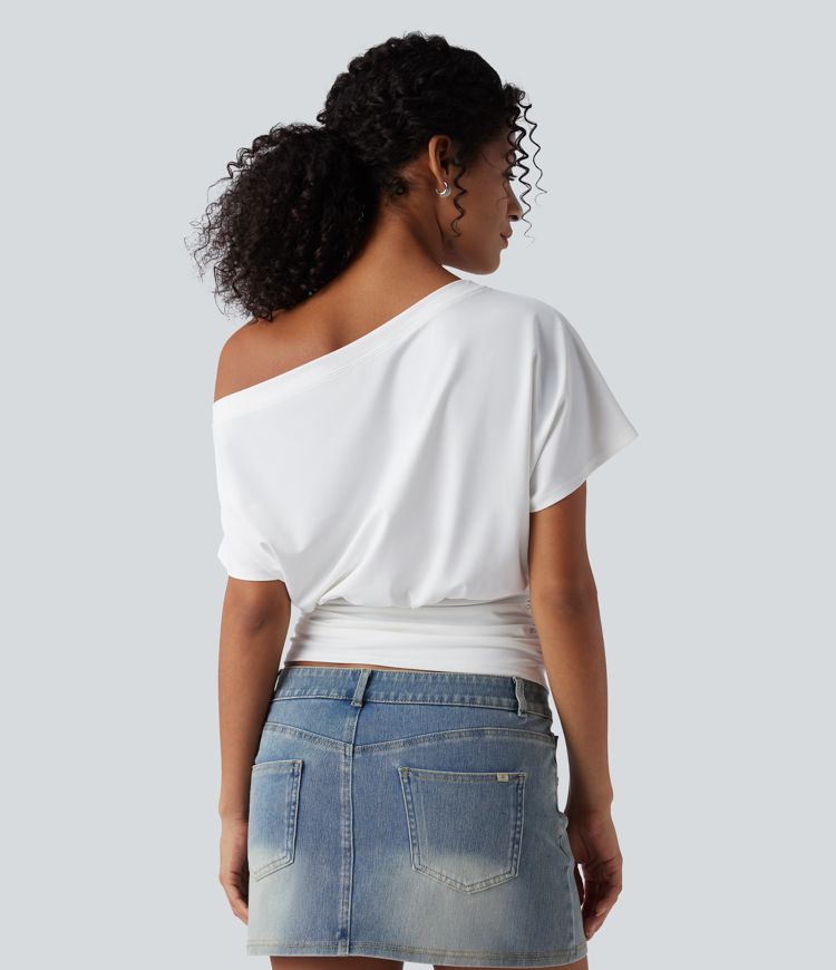 One Shoulder Short Sleeve Ruched Casual Top