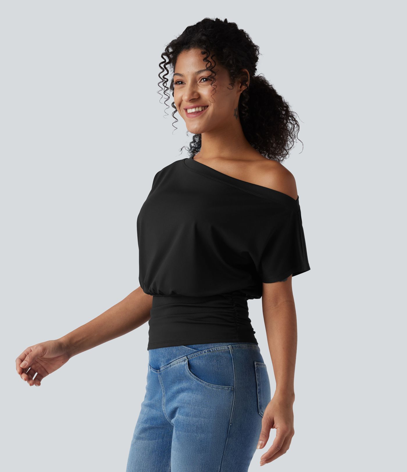 One Shoulder Short Sleeve Ruched Casual Top