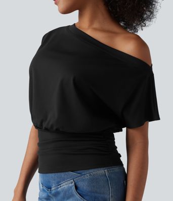 One Shoulder Short Sleeve Ruched Casual Top