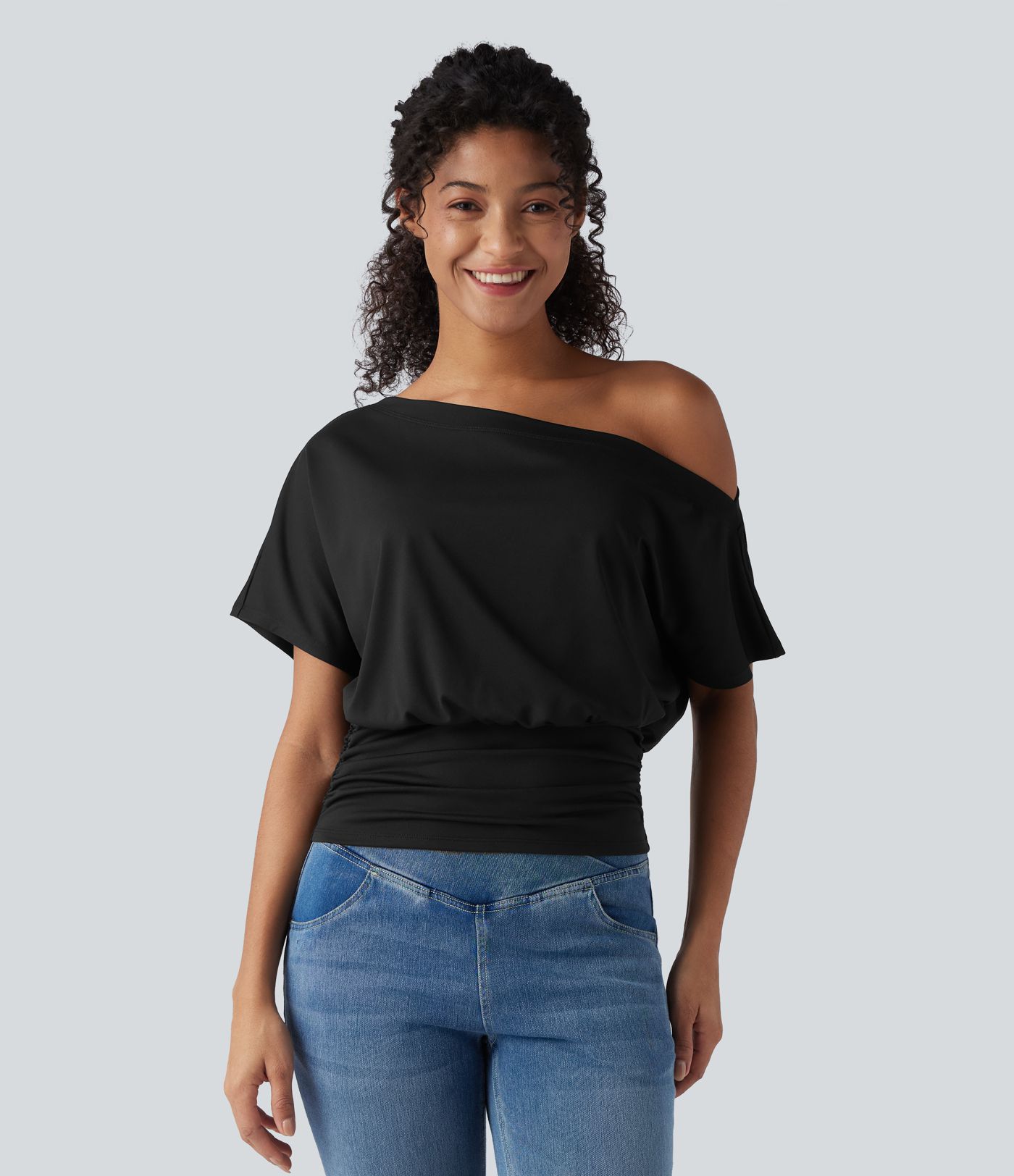 One Shoulder Short Sleeve Ruched Casual Top