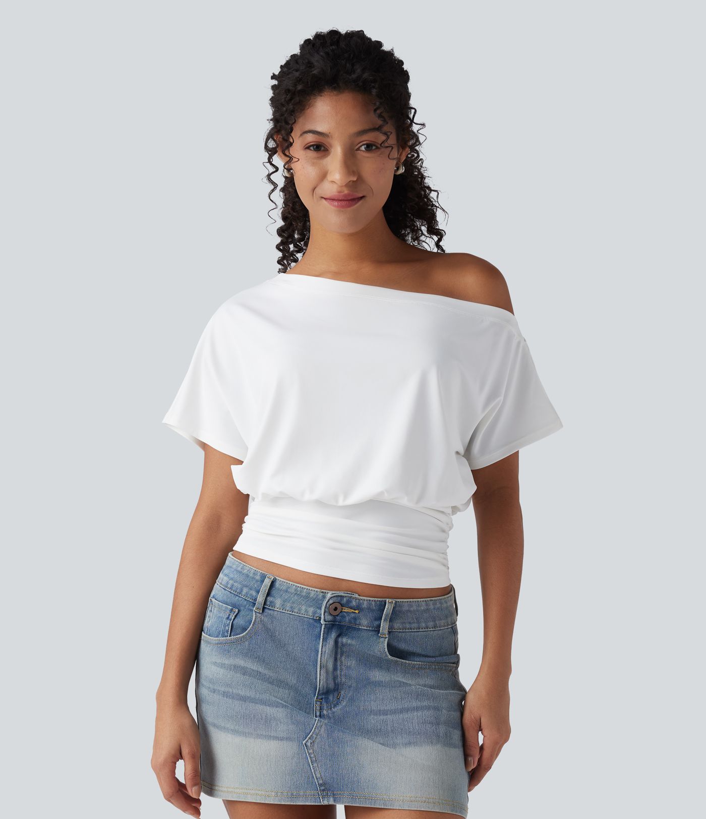 One Shoulder Short Sleeve Ruched Casual Top