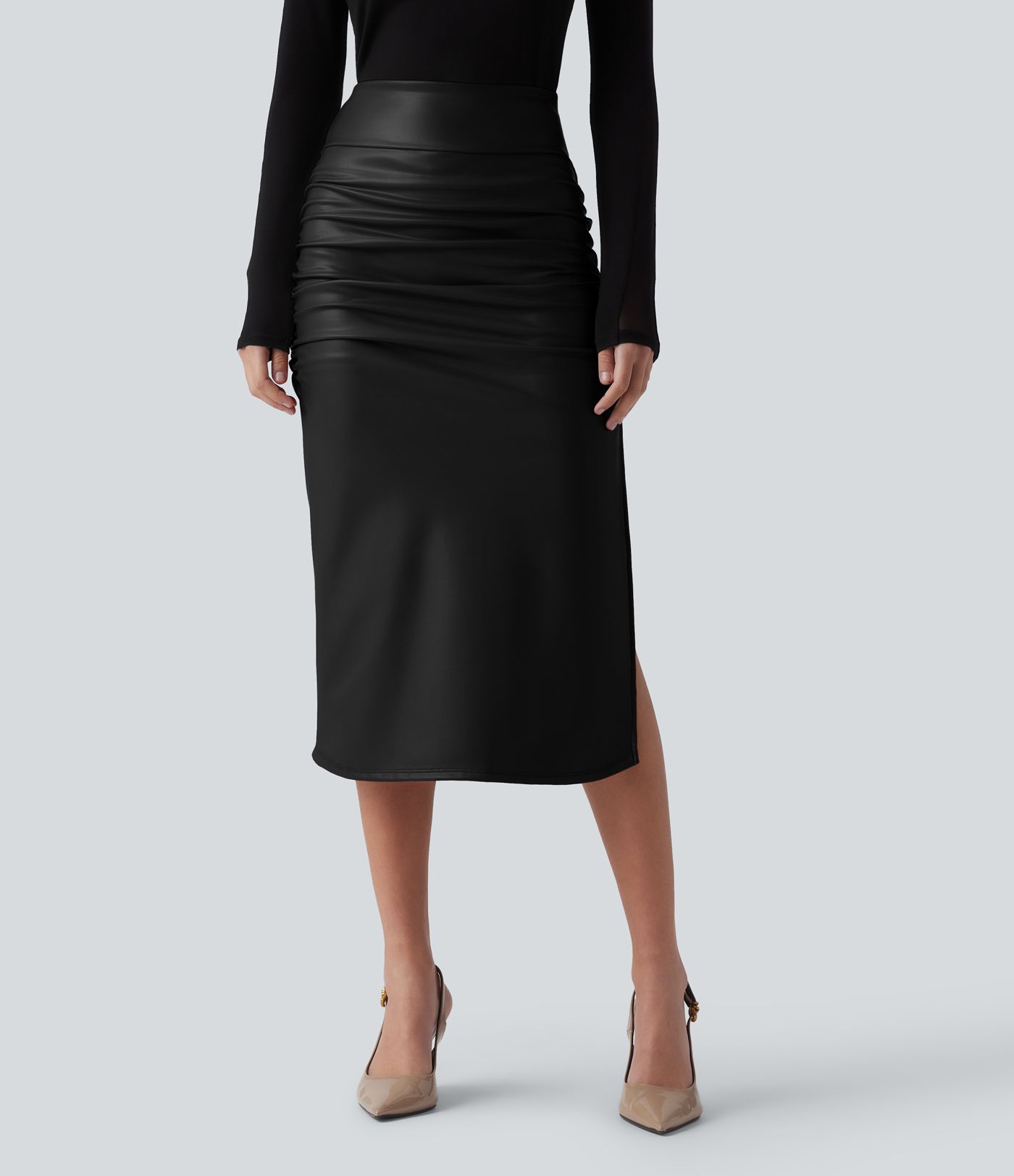 High Waisted Tummy Control Ruched Curved Hem 2-in-1 Fleece PU Midi Casual Skirt High Waisted Tummy Control Ruched Curved Hem 2-in-1 Fleece PU Midi Casual Skirt