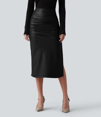 High Waisted Tummy Control Ruched Curved Hem 2-in-1 Fleece PU Midi Casual Skirt High Waisted Tummy Control Ruched Curved Hem 2-in-1 Fleece PU Midi Casual Skirt