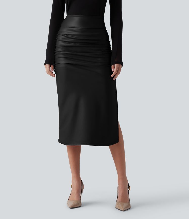 High Waisted Tummy Control Ruched Curved Hem 2-in-1 Fleece PU Midi Casual Skirt High Waisted Tummy Control Ruched Curved Hem 2-in-1 Fleece PU Midi Casual Skirt