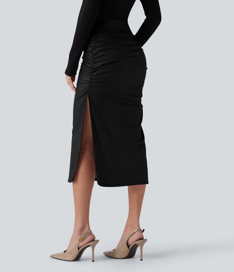 High Waisted Tummy Control Ruched Curved Hem 2-in-1 Fleece PU Midi Casual Skirt