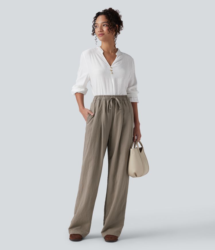 High Waisted Drawstring Straight Leg Work Trousers with Pockets