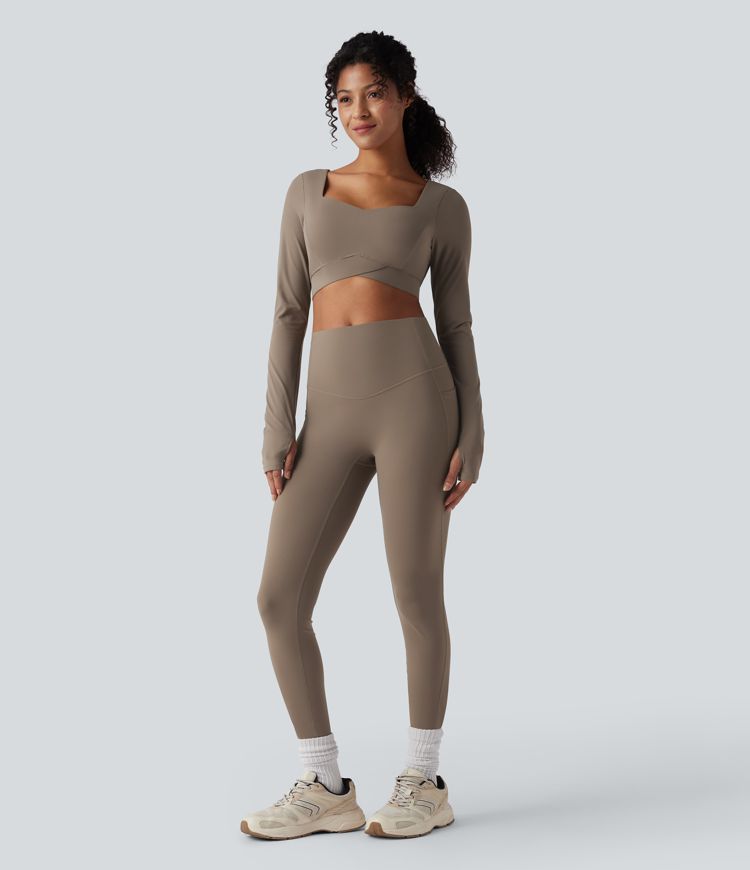 Halara UltraSculpt™ Push-Up Long Sleeve Thumb Holes Crossover Hem Cropped Workout Sports Top