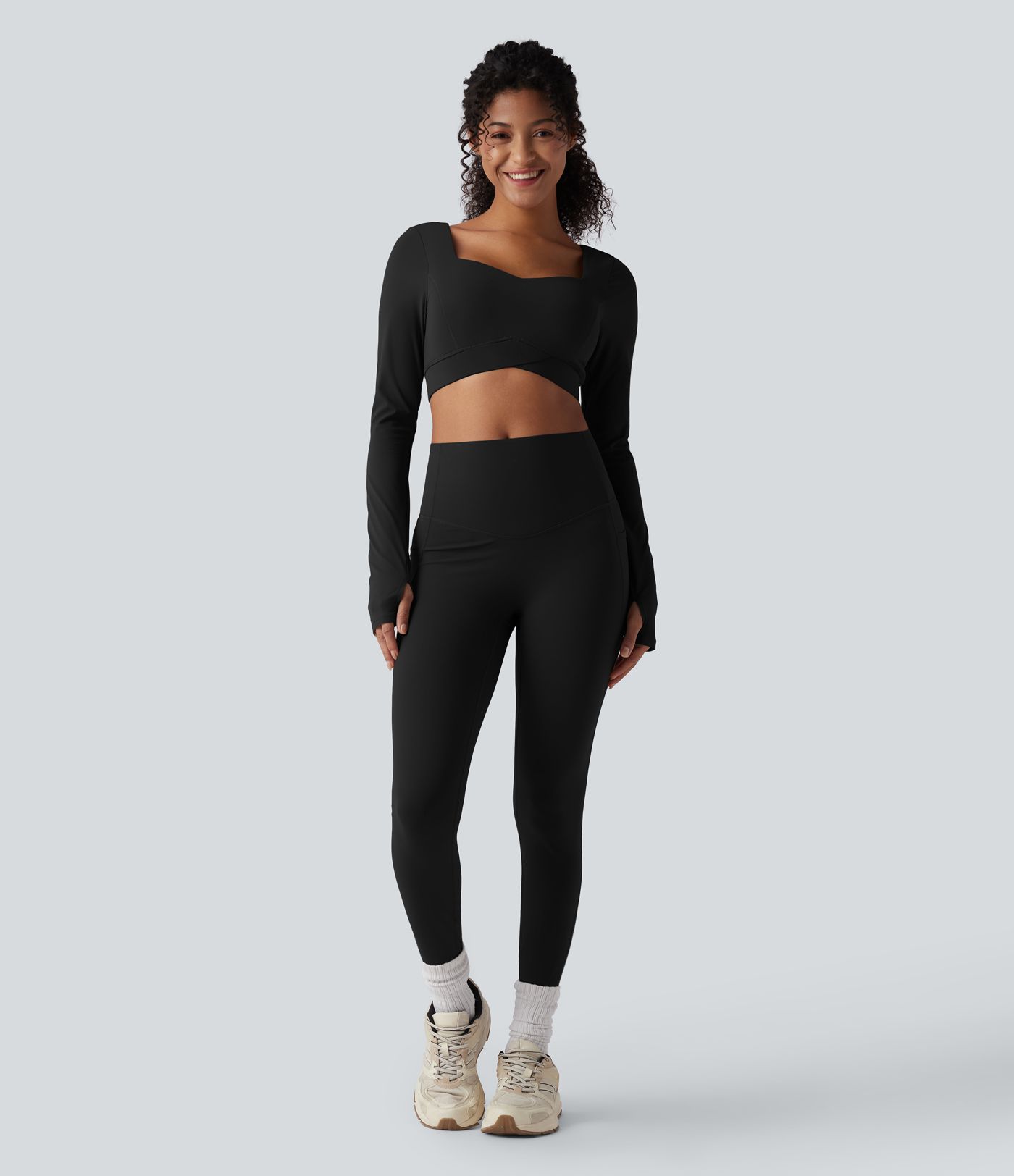 Halara UltraSculpt™ Push-Up Long Sleeve Thumb Holes Crossover Hem Cropped Workout Sports Top