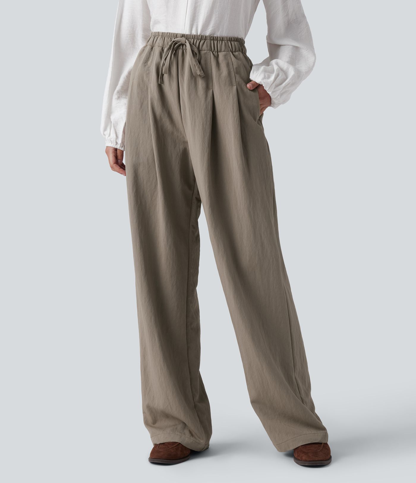 High Waisted Drawstring Straight Leg Work Trousers with Pockets