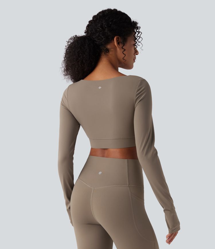 Halara UltraSculpt™ Push-Up Long Sleeve Thumb Holes Crossover Hem Cropped Workout Sports Top