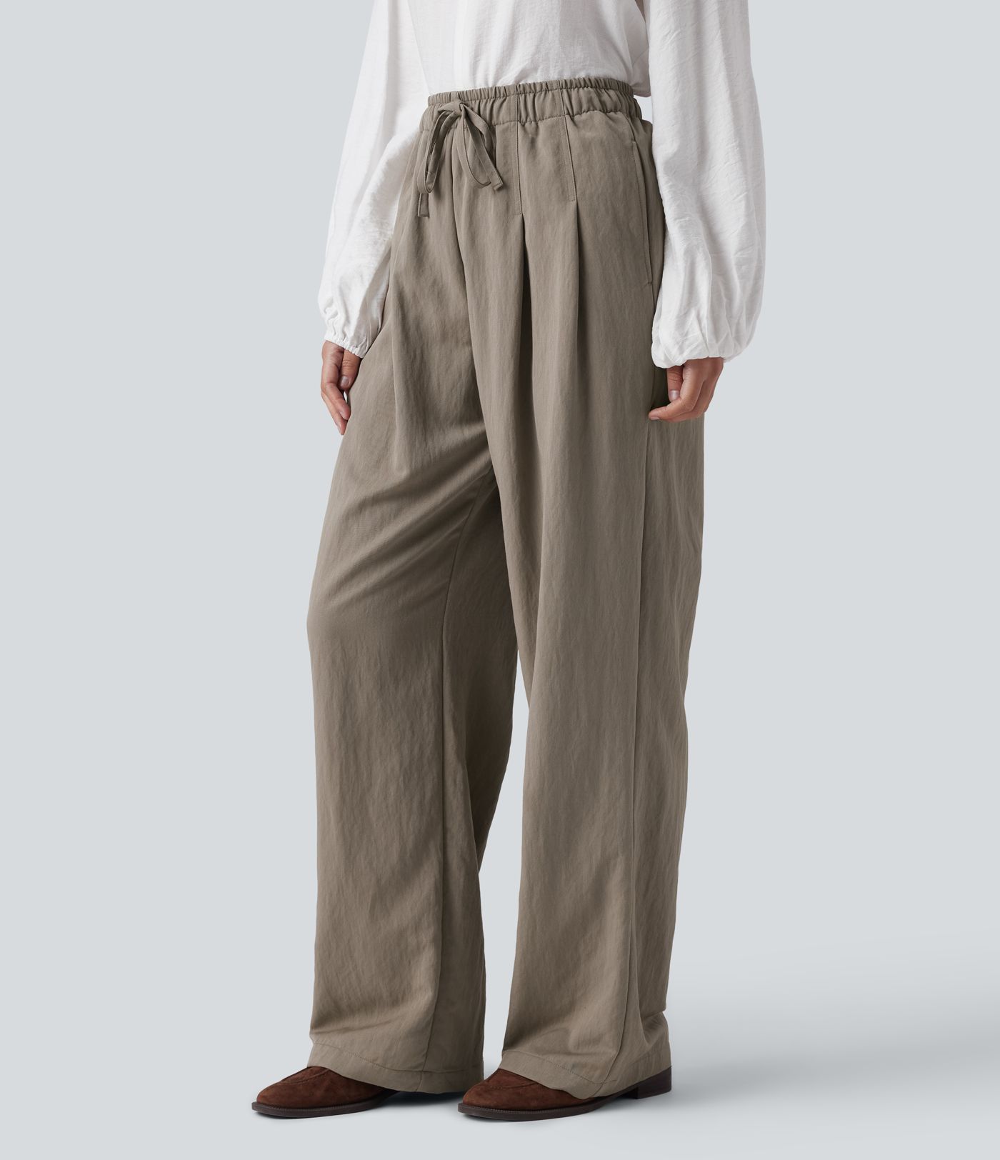 High Waisted Drawstring Straight Leg Work Trousers with Pockets
