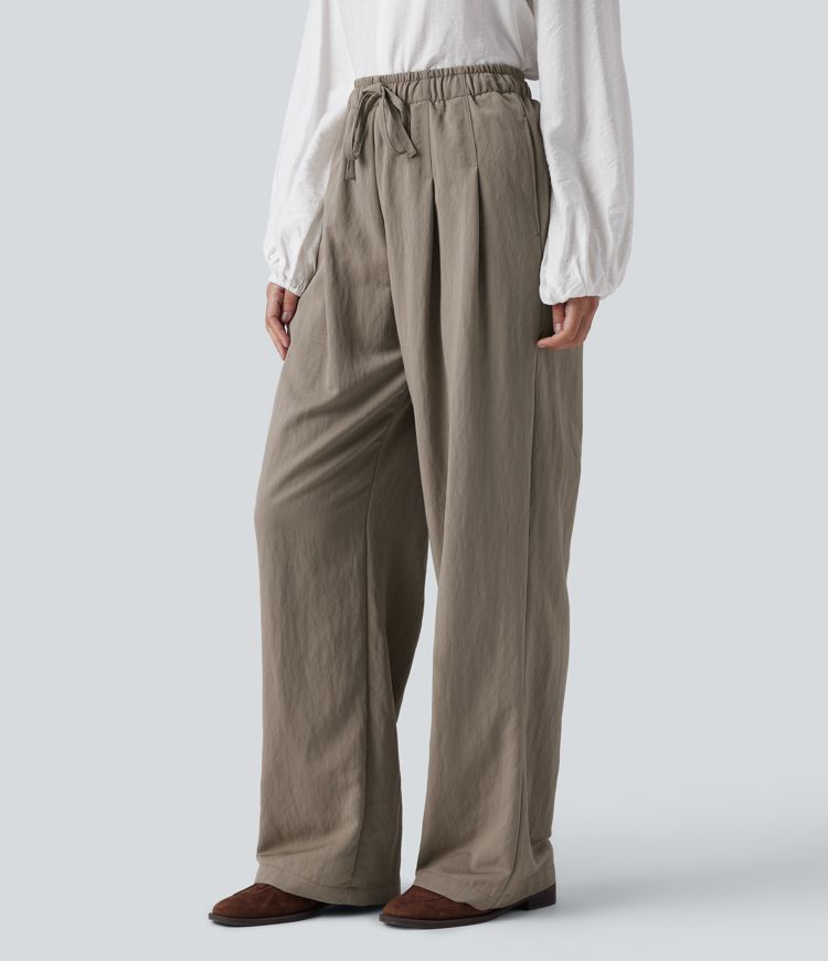 High Waisted Drawstring Straight Leg Work Trousers with Pockets