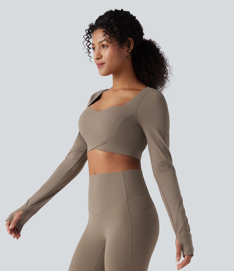 Halara UltraSculpt™ Push-Up Long Sleeve Thumb Holes Crossover Hem Cropped Workout Sports Top
