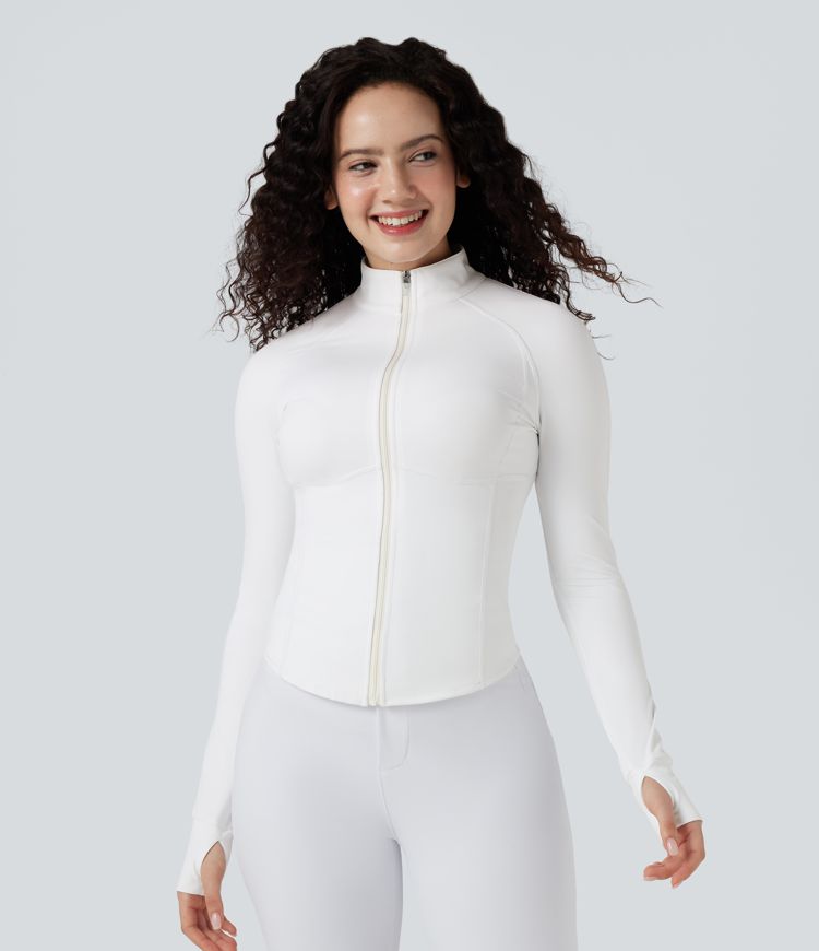 Lässige, kurze 3-in-1 Stretch-Pufferjacke mit Stehkragen, Seitentaschen, langen Ärmeln, Daumenlöchern und geschwungenem Saum
