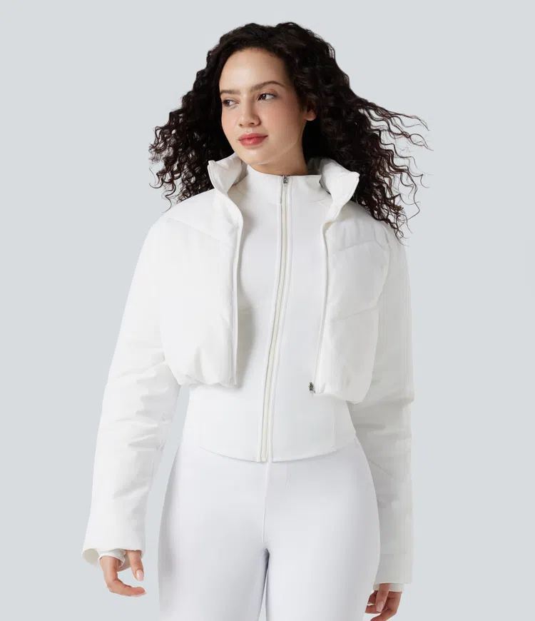 PuffFlex 3-in-1 Stand Collar Casual Cropped Puffer Coat & Thumb Holes Curved Hem Jacket with Pocket