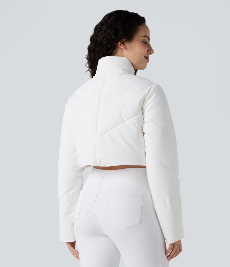 Lässige, kurze 3-in-1 Stretch-Pufferjacke mit Stehkragen, Seitentaschen, langen Ärmeln, Daumenlöchern und geschwungenem Saum