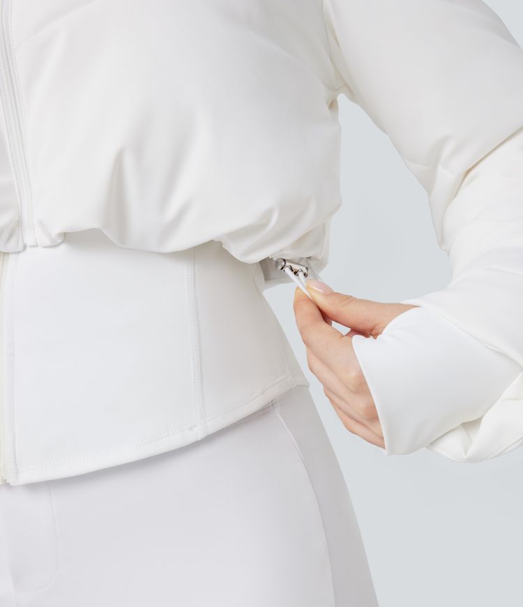 Lässige, kurze 3-in-1 Stretch-Pufferjacke mit Stehkragen, Seitentaschen, langen Ärmeln, Daumenlöchern und geschwungenem Saum