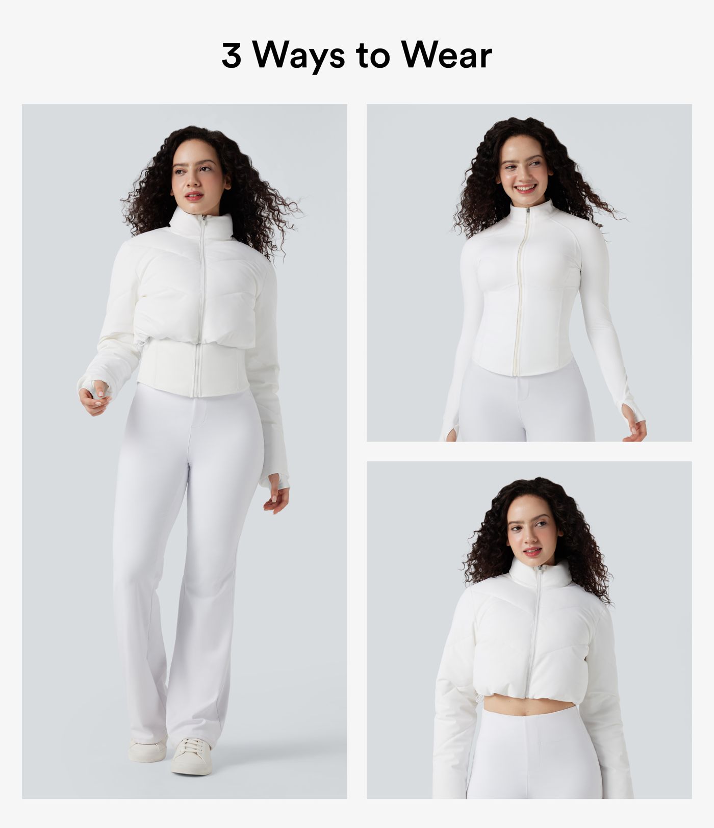 Lässige, kurze 3-in-1 Stretch-Pufferjacke mit Stehkragen, Seitentaschen, langen Ärmeln, Daumenlöchern und geschwungenem Saum