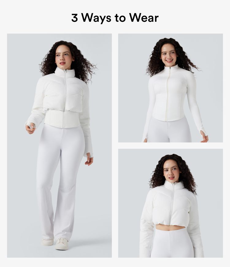 Lässige, kurze 3-in-1 Stretch-Pufferjacke mit Stehkragen, Seitentaschen, langen Ärmeln, Daumenlöchern und geschwungenem Saum