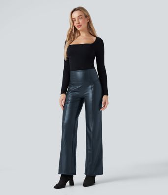 High Waisted Tummy Control Stretchy PU Fleece Casual Flare Pants with Pockets