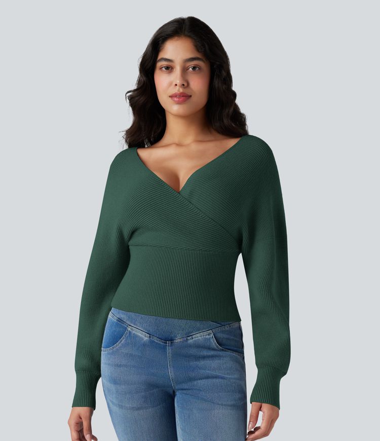 Pull col V manches chauve-souris longues à découpes