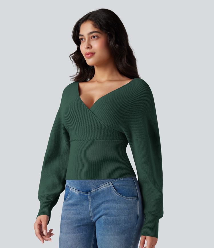 Pull col V manches chauve-souris longues à découpes