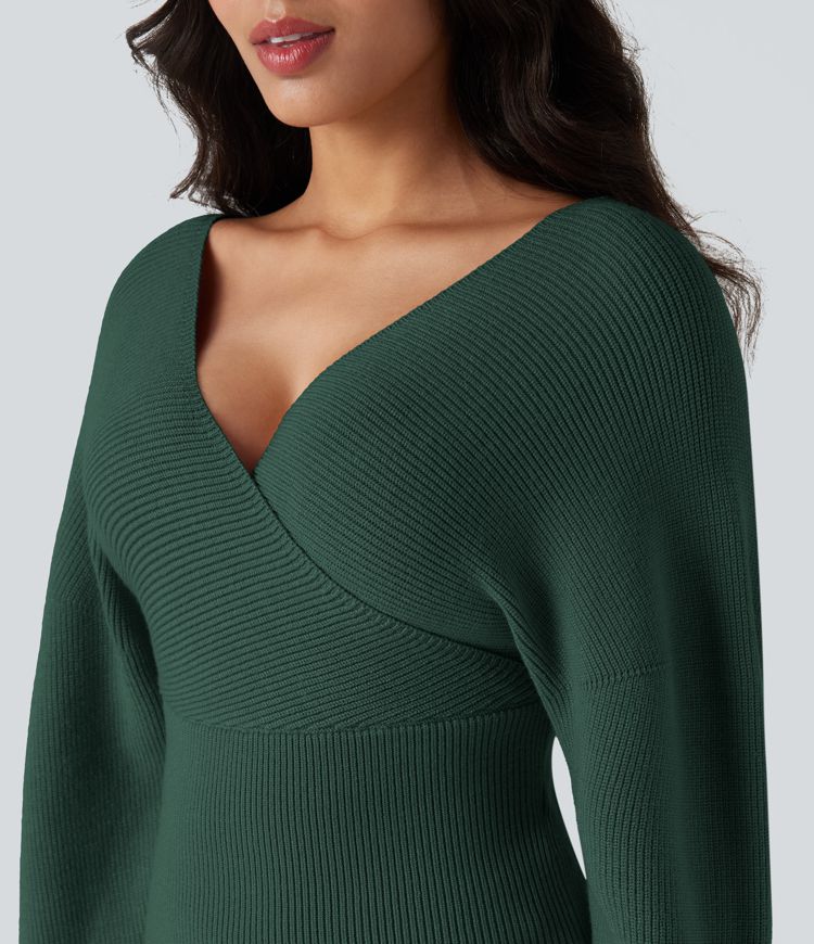 Pull col V manches chauve-souris longues à découpes