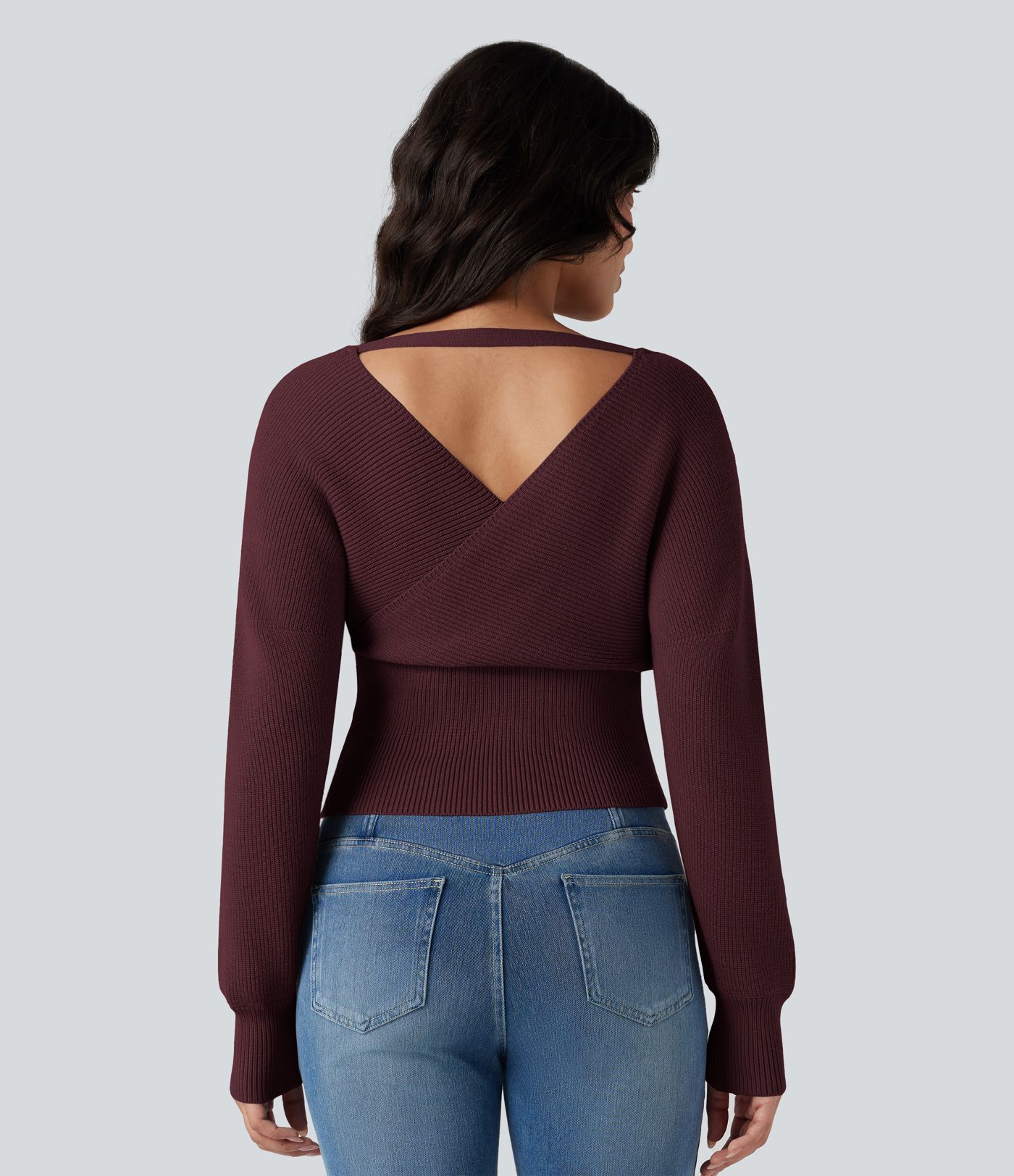 V-neck Batwing Long Sleeve Cut-out Casual Sweater