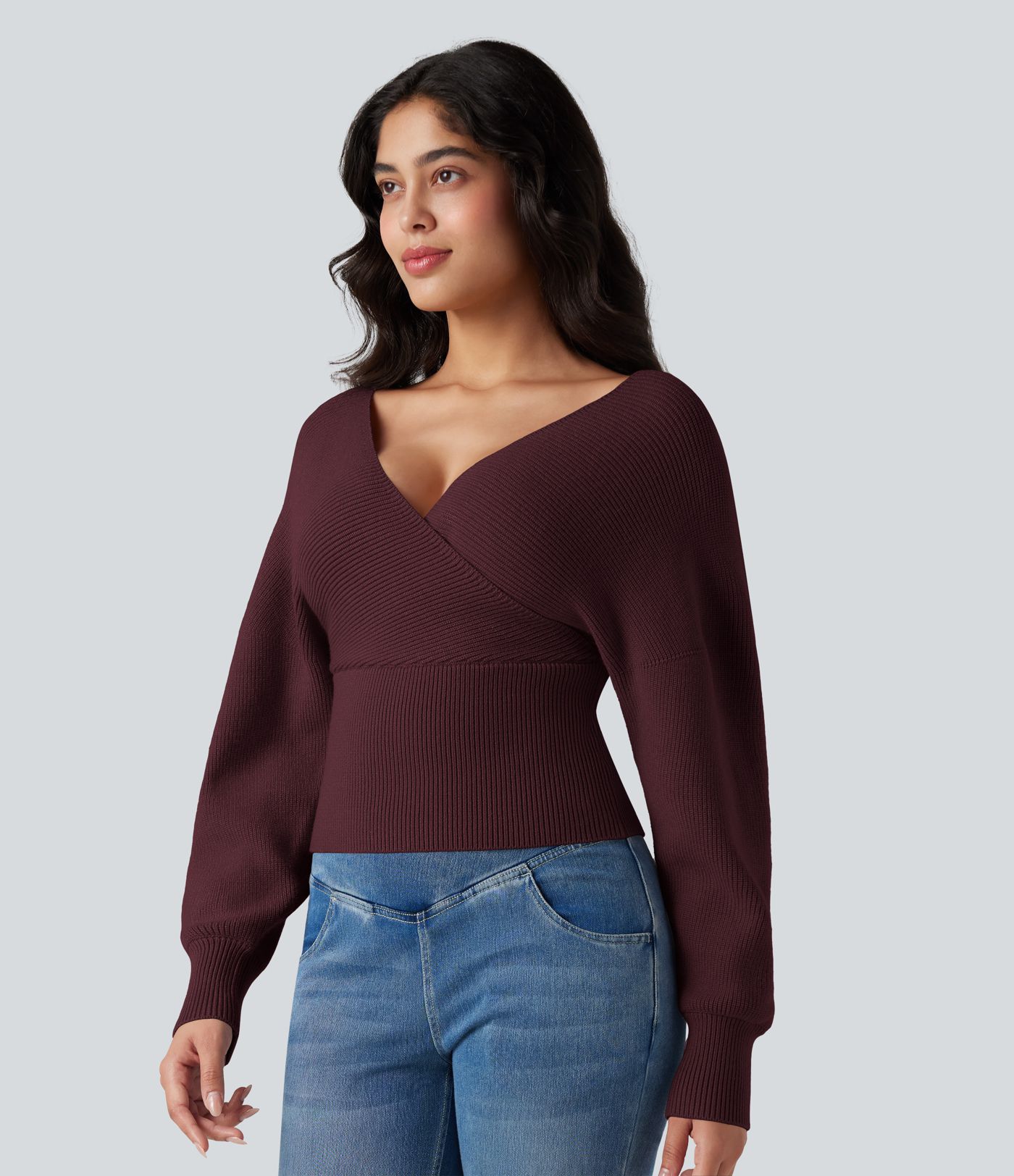 V-neck Batwing Long Sleeve Cut-out Casual Sweater