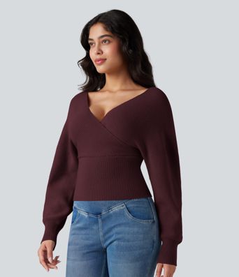 V-neck Batwing Long Sleeve Cut-out Casual Sweater