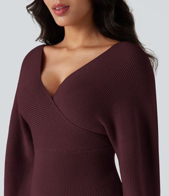 V-neck Batwing Long Sleeve Cut-out Casual Sweater